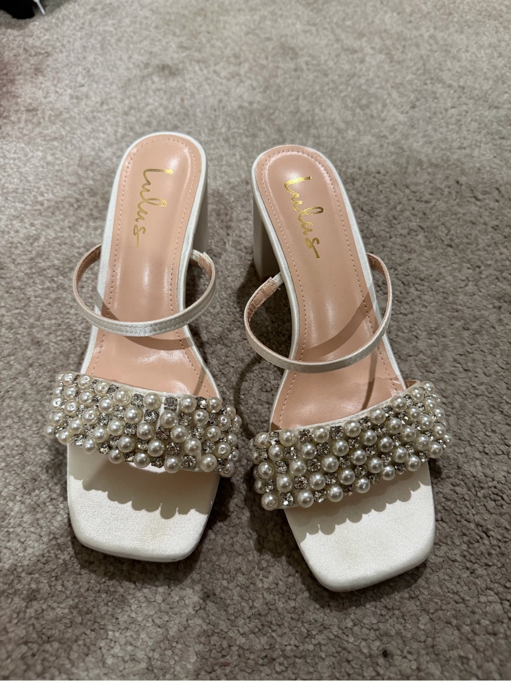 Lulu's Pearl-Embellished Cream Block Heel Sandals